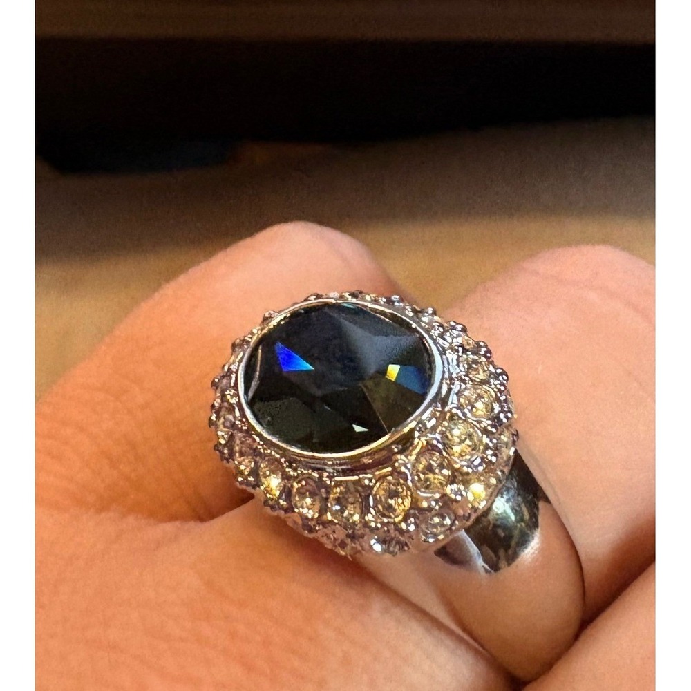Camille Lucie Blue Oval Crystal Halo Cocktail Ring Silver Tone Statement Ring